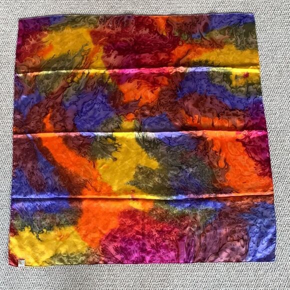 SILK square scarf multicolor watercolor design women’s 38” - Picture 4 of 11